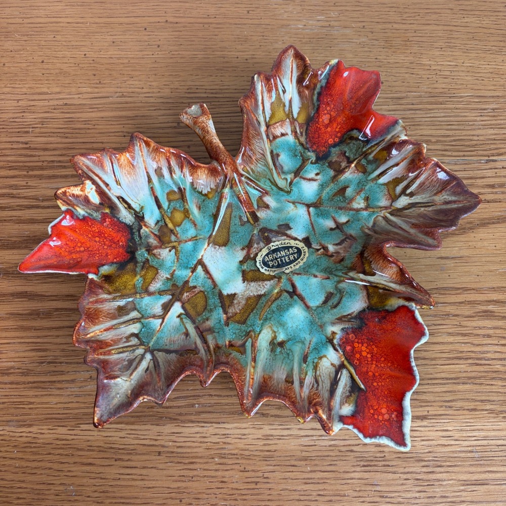 Dryden Arkansas Pottery Leaf Dish Vintage Hot Springs Glazed Ceramic Teal Orange
